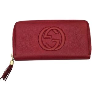 Authentic Gucci Soho Red Pebble Calfskin Leather Zipper Long Wallet With Tassel